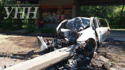 На Хортице машина сгорела после столкновения со столбом